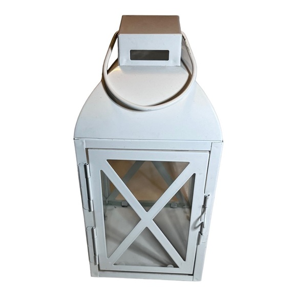 Other - METAL and glass white lantern with handle indoor/outdoor 12” tall holiday decor.